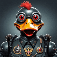 a duck with a red mohawk is wearing a military uniform and goggles