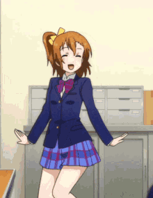 a girl in a school uniform is dancing with her hands outstretched