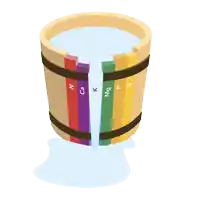 a wooden bucket with a rainbow of colored sticks and the word mg on the bottom