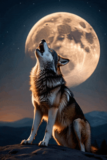 a wolf is howling at the full moon in the night sky