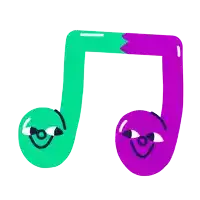 a green and purple music note with smiley faces