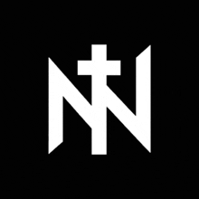 a white letter n with a cross on it on a black background .