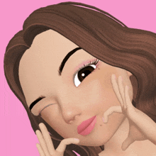 a close up of a cartoon girl making a face with her hands