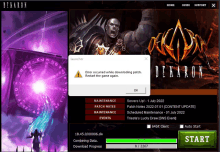 a screenshot of a game called dekaron that says error occurred while downloading patch