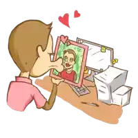 a cartoon of a man holding a picture of a woman in front of a computer