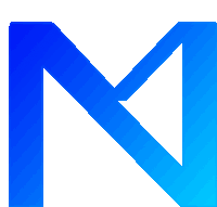 a blue letter m is against a white background