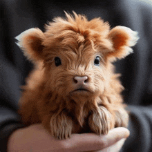 a person is holding a baby cow in their hands .