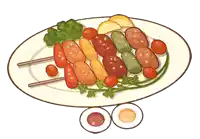 a cartoon drawing of a plate of food with tomatoes and skewers