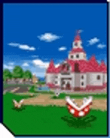 a pixel art of a castle with a red roof and two piranha plant plants in front of it .