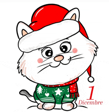 a cartoon cat wearing a santa hat and a sweater with the number 1 on it