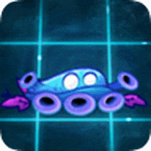 a cartoon drawing of a blue and purple vehicle on a blue tile floor .