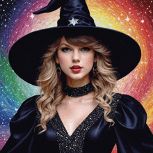 a woman in a black witch costume with a star on her hat