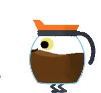 a cartoon drawing of a coffee pot standing next to a blue mug with a smiling face