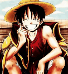 luffy from one piece is smiling and wearing a straw hat and a red vest .