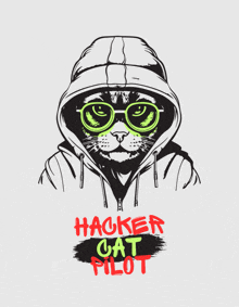 a cat wearing a hoodie and sunglasses with the words hacker cat pilot written below it