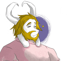 a drawing of a goat with horns and a beard wearing a pink shirt that says " ur dad "