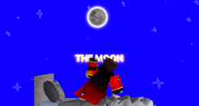 a cartoon character is standing on a bed under a full moon with the word the moon glowing in the background