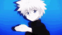 a young boy with white hair and blue eyes is standing in front of a blue background with his hands outstretched .