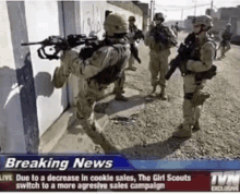 a group of soldiers are standing on a street with a breaking news banner above them