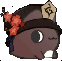 a cartoon drawing of a cat wearing a hat with red flowers on it