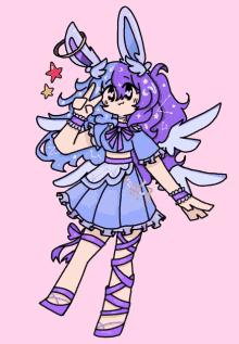 a drawing of a girl in a blue dress with purple hair and wings