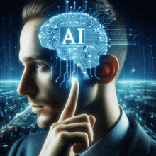 a man 's finger is pointing to a brain with the word ai on it