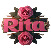 the word rita is surrounded by two pink roses