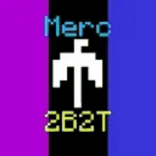 a blue , purple , and black striped background with a white cross and the words merci 2627 written in pixel art .