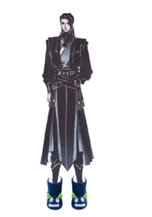 a drawing of a man wearing a black robe and blue slippers with faces on them