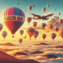 a bunch of hot air balloons are flying in the sky and one says balon 168