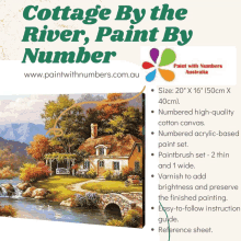 an advertisement for cottage by the river paint by number shows a painting of a house near a river