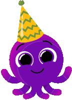 a purple octopus wearing a yellow party hat with a green chevron pattern