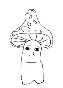 a black and white drawing of a mushroom with a face on it 's head .