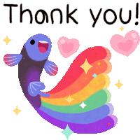 a fish with a rainbow tail is surrounded by hearts and says thank you