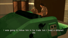 a screenshot of a video game shows a man talking to another man in a green car