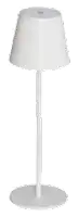 a white table lamp with a white shade and base on a white background .