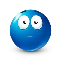 a blue smiley face with big eyes and a sad expression