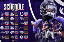 a schedule for the baltimore ravens is displayed on a purple background