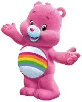 a pink teddy bear with a rainbow on its belly