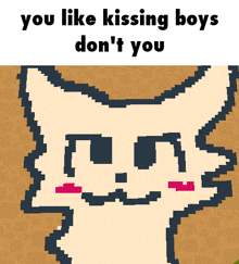 a pixel art of a cat with the words " you like kissing boys don 't you " below it