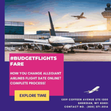 an advertisement for budget flights fare shows a plane on the tarmac