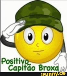 a yellow smiley face wearing a green hat salutes .