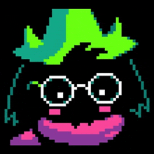 a pixel art drawing of a person with glasses and a green hat .