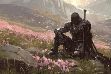 a man in armor sits in a field of pink flowers