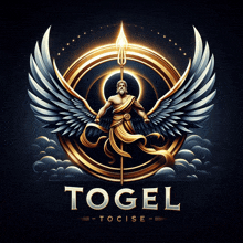 a logo for a company called togel shows a man with wings holding a trident