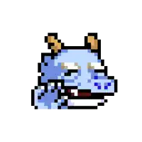 a pixel art illustration of a blue dragon with horns and a funny face .