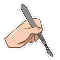 a hand is holding a scalpel with a sticker around it