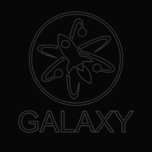 a galaxy logo with a rocket in the center