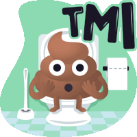 a cartoon illustration of a poop sitting on a toilet with the word tmi below it