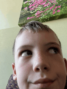 a close up of a boy 's face with a painting of pink flowers in the background